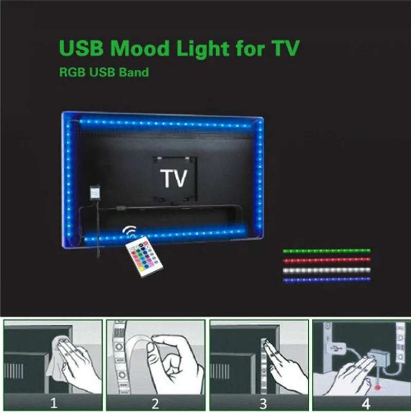 2*50cm 2*100cm USB LED Strip Light TV Backlight 5050 RGB Color Changing Lamp 24Keys/44Keys Remote Control