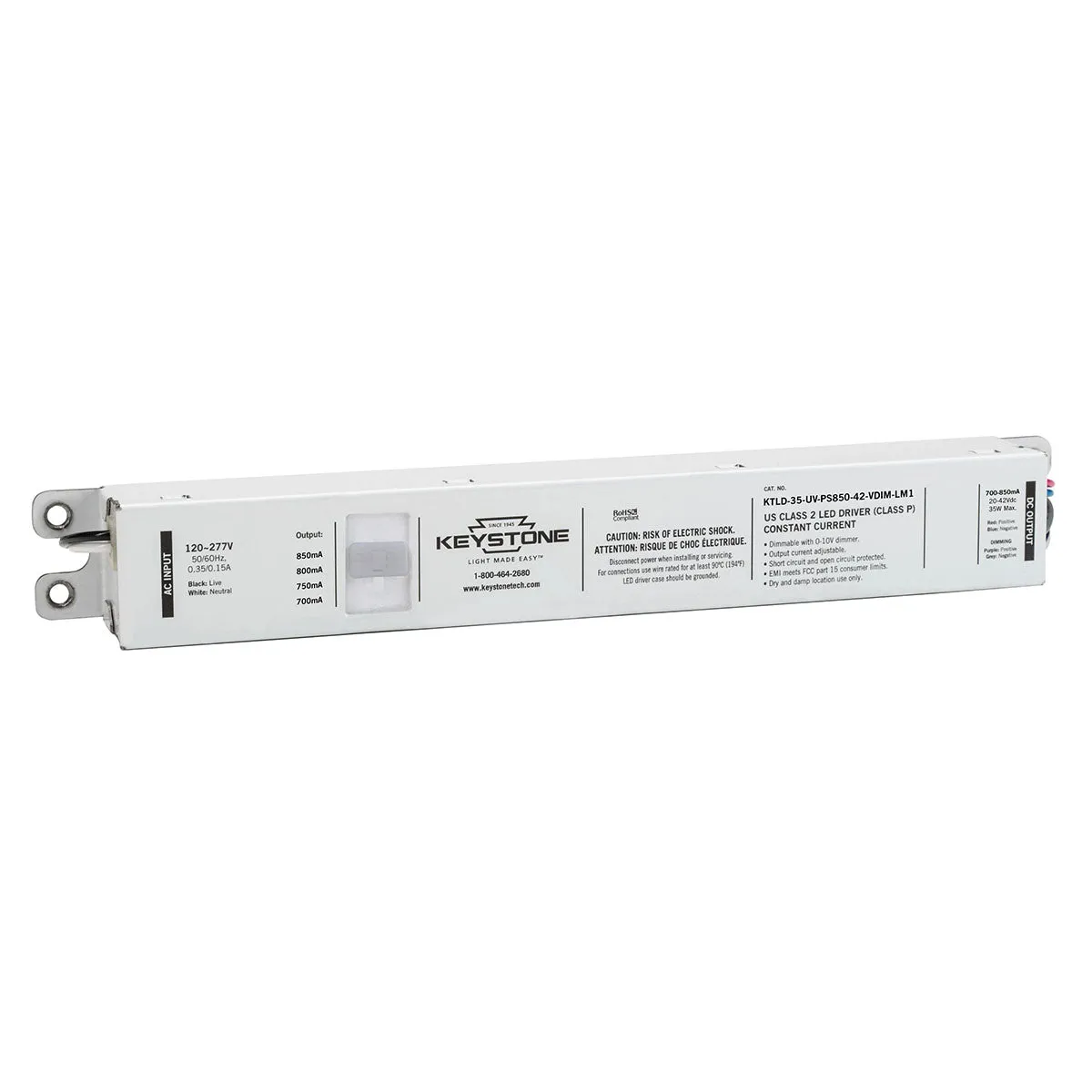 35 Watts LED Driver, Selectable Current 700-850mA, 0-10V Dimming, 120-277V