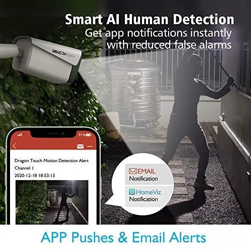 3MP Security Camera Outdoor, Dragon Touch 8CH NVR 4pcs Wireless Security Cameras System with Color Night Vision, Cameras for Home Security, AI Human Detection, Remote Access, Waterproof, No Hard Disk