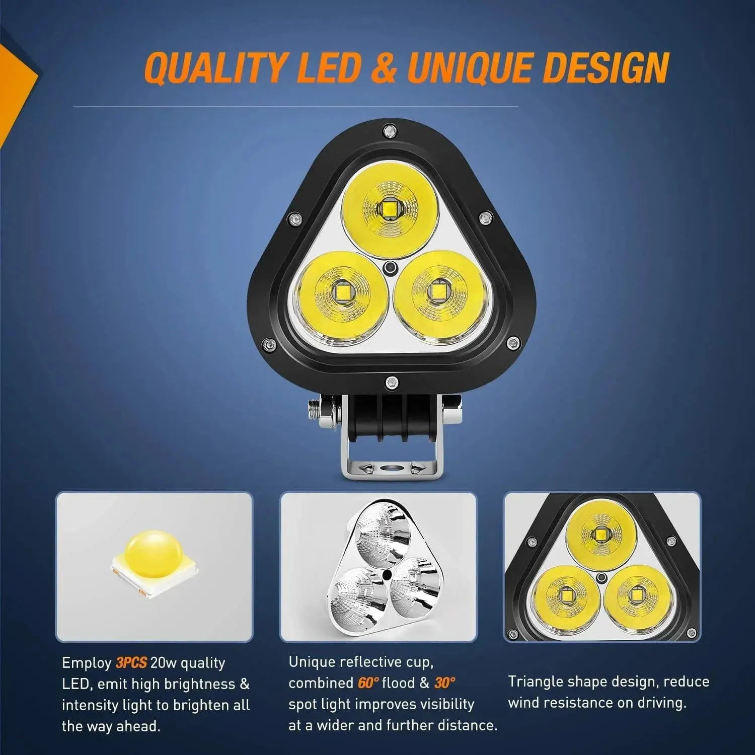 4 Inch 60W Triangle Shape Spot Flood LED Work Lights (Pair)