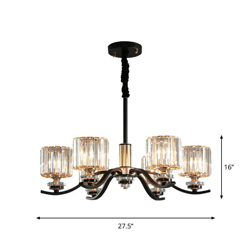 6-Bulb Black Crystal Prisms Bedroom Chandelier with Cylinder Hanging Ceiling Light