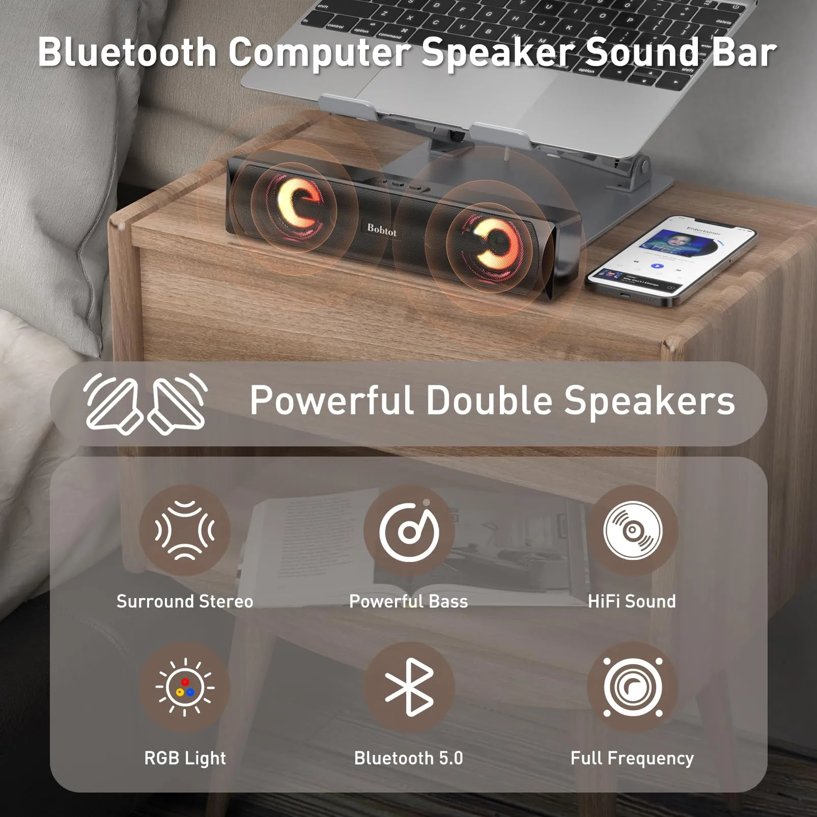 A8 HiFi Stereo Audio RGB Mini Sound Bar External Speaker with Bluetooth AUX-in Wired USB Powered Volume Control for PC Laptop Tablets Monitor