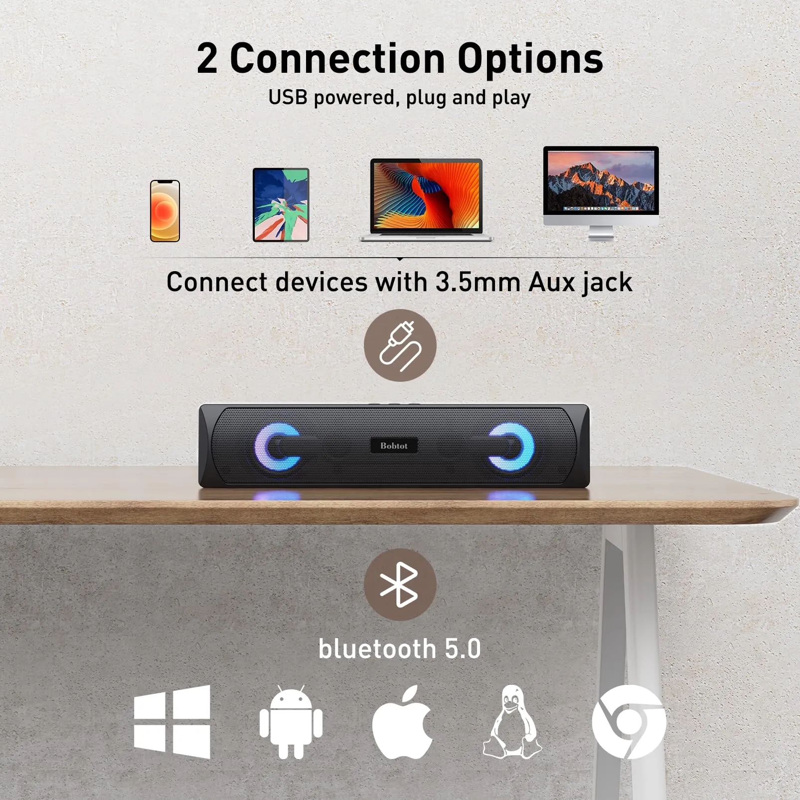 A8 HiFi Stereo Audio RGB Mini Sound Bar External Speaker with Bluetooth AUX-in Wired USB Powered Volume Control for PC Laptop Tablets Monitor