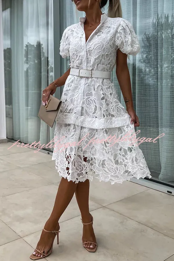 Absolutely Elegant Floral Crochet Lace Puff Sleeve Belted Shirt Midi Dress