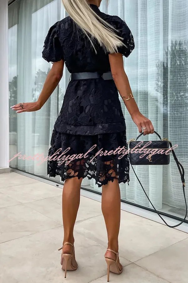 Absolutely Elegant Floral Crochet Lace Puff Sleeve Belted Shirt Midi Dress
