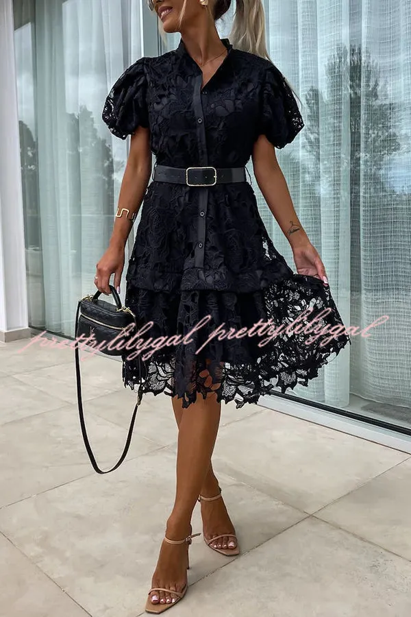 Absolutely Elegant Floral Crochet Lace Puff Sleeve Belted Shirt Midi Dress