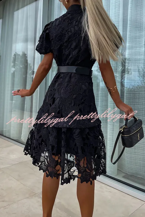 Absolutely Elegant Floral Crochet Lace Puff Sleeve Belted Shirt Midi Dress