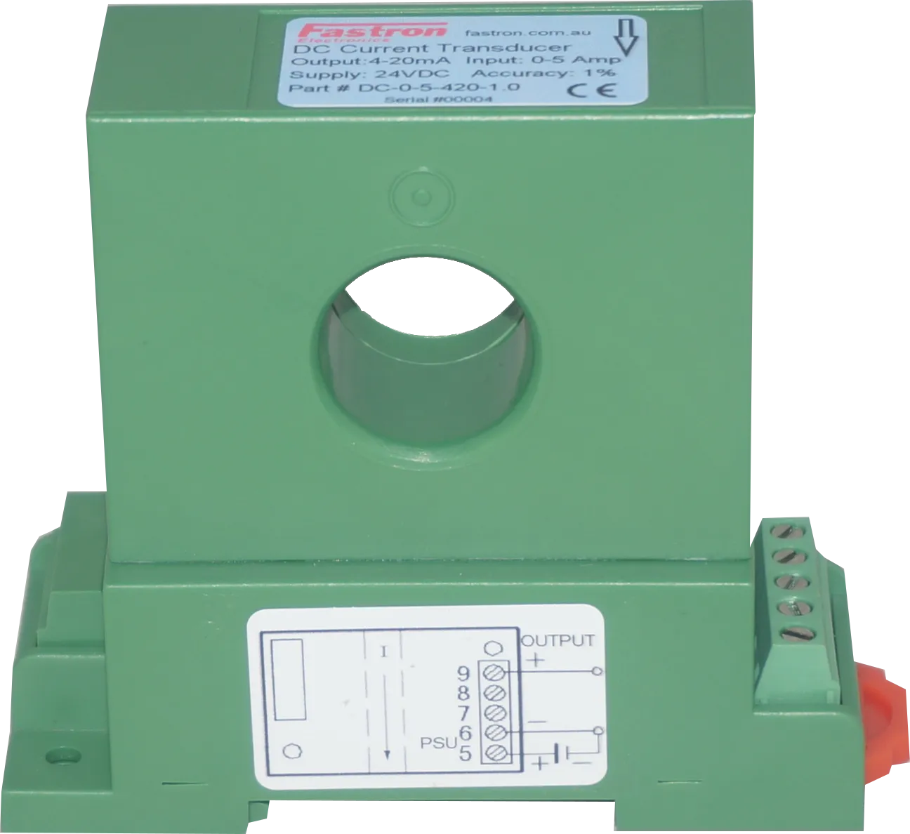DC-0-10-420B-1.0, Hall Effect DC Current Transducer, 0-10 Amp DC, 4-20mA Bipolar output, 24VDC supply