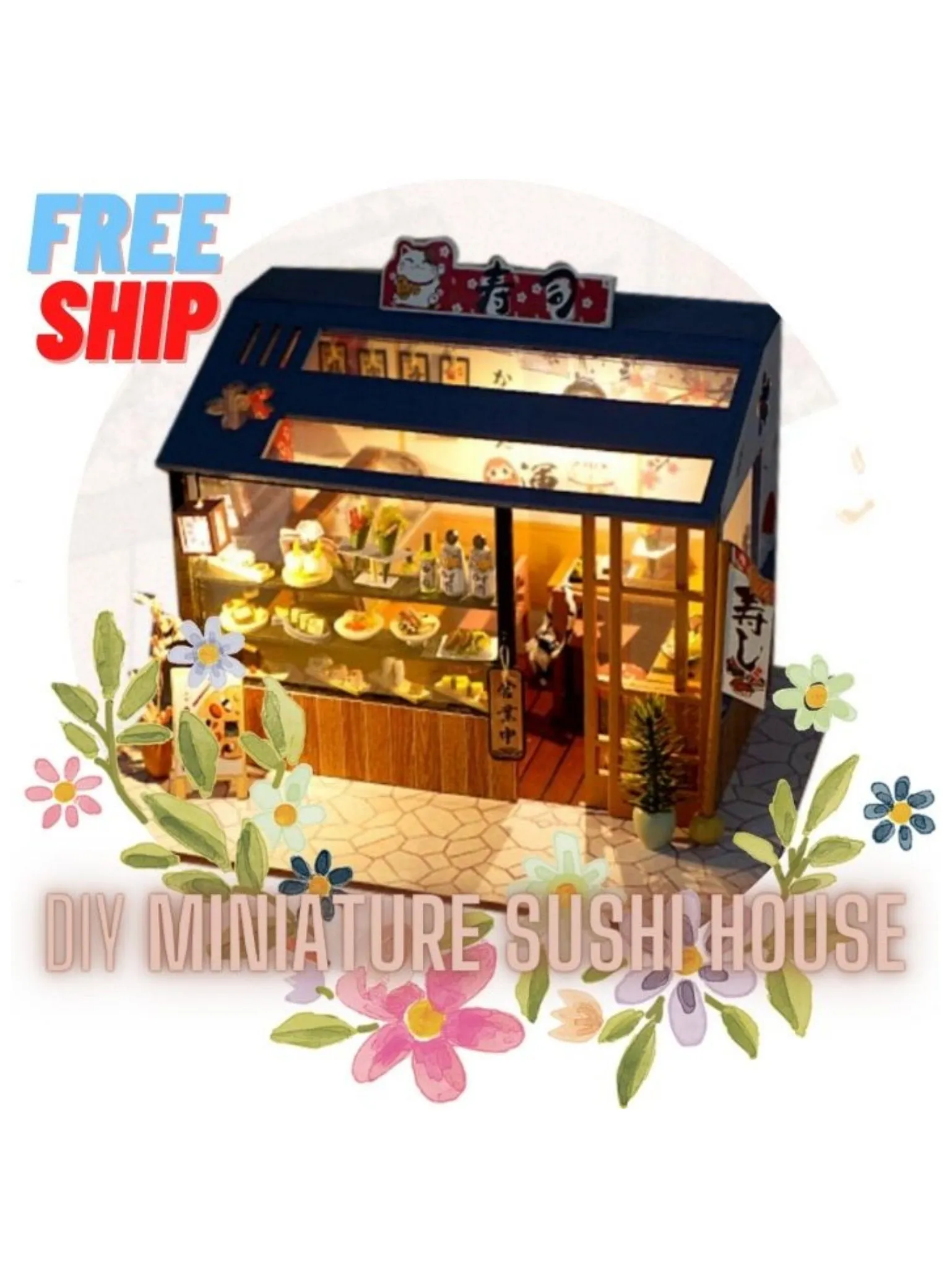DIY 3D Japanese Miniature Sushi House With LED Light Dollhouse Kit