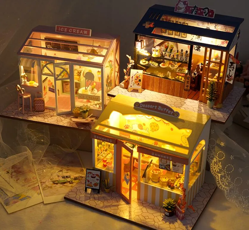 DIY 3D Japanese Miniature Sushi House With LED Light Dollhouse Kit