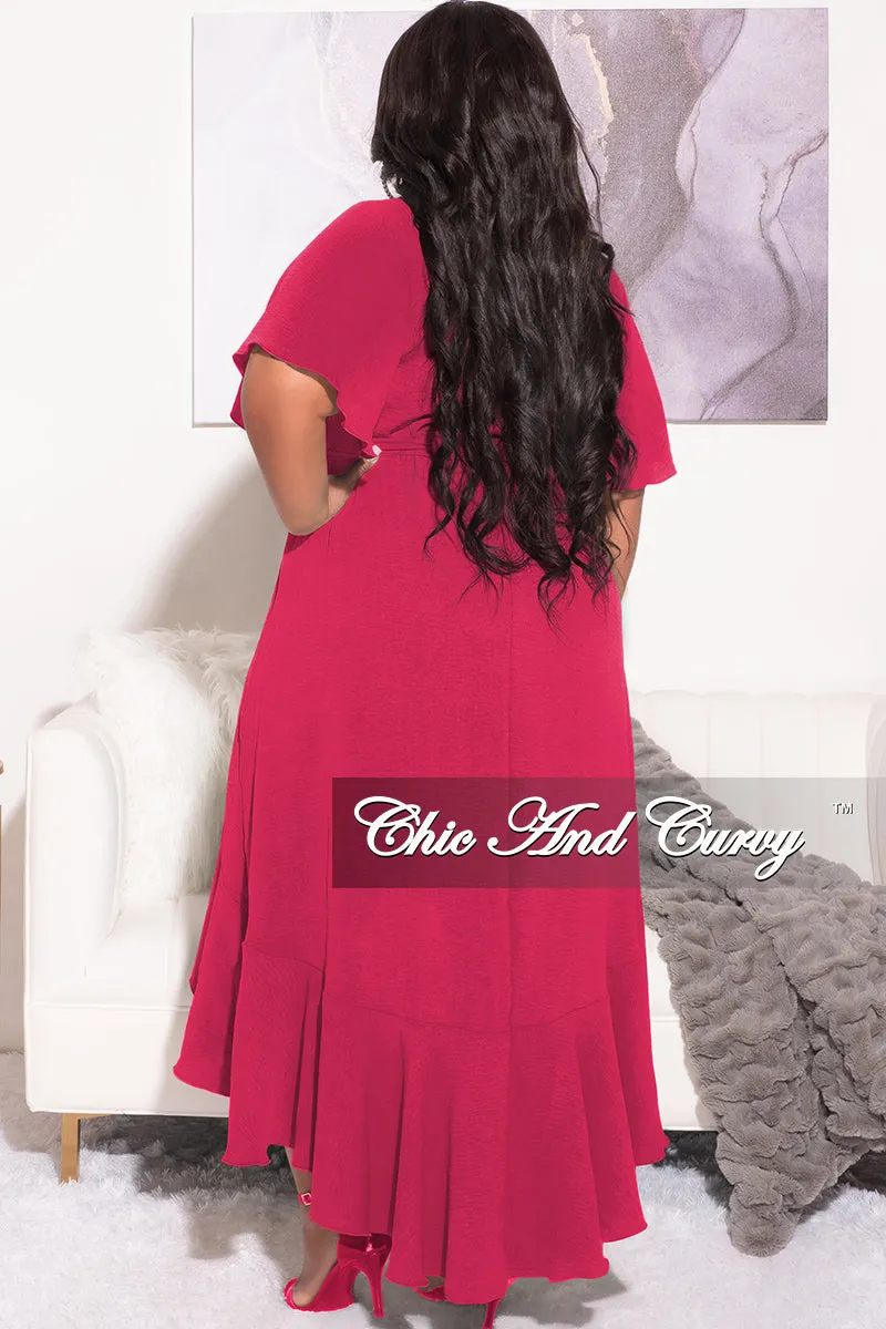 Final Sale Plus Size Faux Wrap High-Low Dress with Waist Tie in Pink Fuchsia