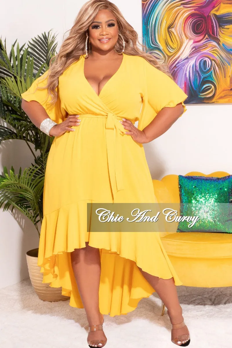 Final Sale Plus Size Faux Wrap High-Low Dress with Waist Tie in Yellow