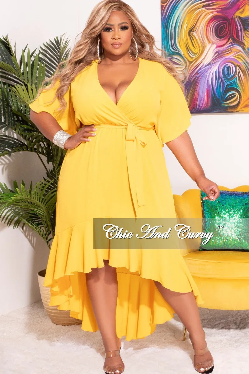 Final Sale Plus Size Faux Wrap High-Low Dress with Waist Tie in Yellow