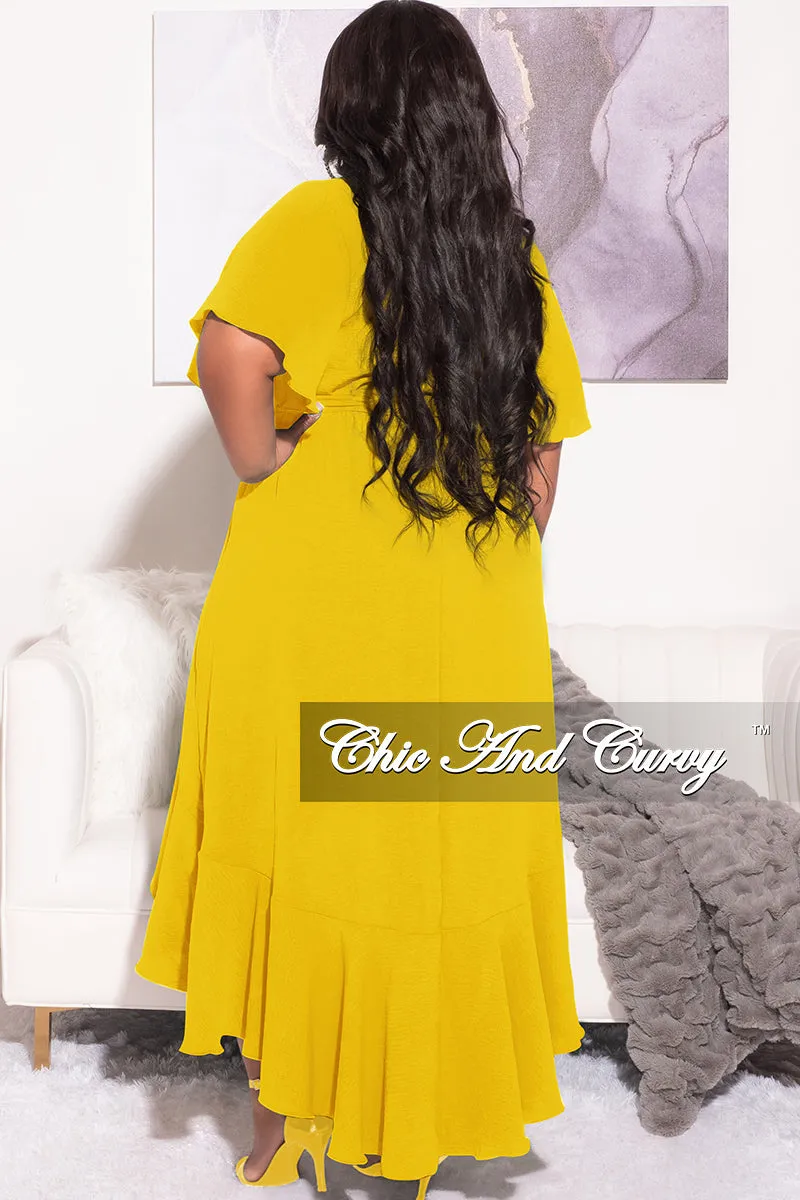 Final Sale Plus Size Faux Wrap High-Low Dress with Waist Tie in Yellow
