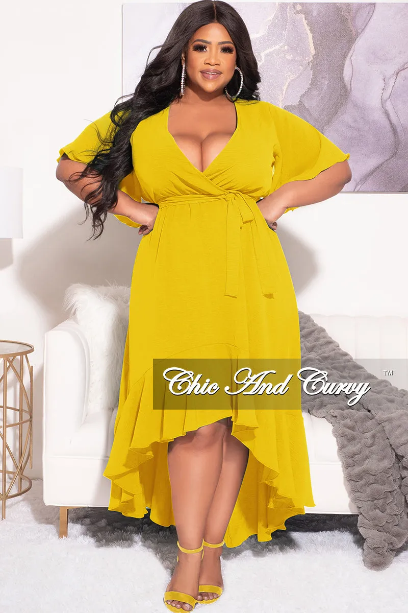 Final Sale Plus Size Faux Wrap High-Low Dress with Waist Tie in Yellow