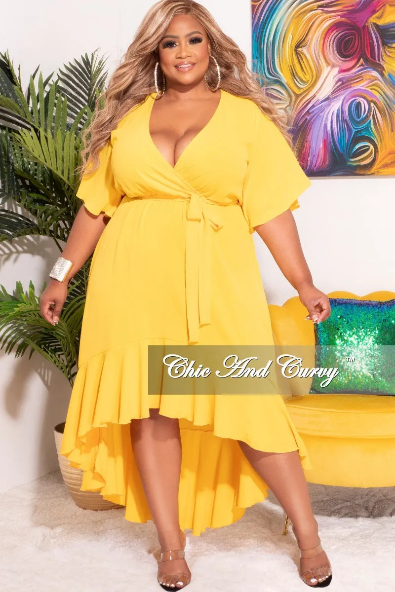 Final Sale Plus Size Faux Wrap High-Low Dress with Waist Tie in Yellow