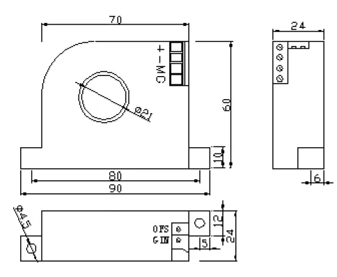 FTA-020-420-24, DC Current Transducer, 0-20 Amp , 4-20mA Unipolar Output, 24VDC supply, 21mm Aperture