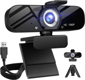 Full HD 1080P Webcam with Privacy Shutter, Tripod, Mic for PC/Laptop
