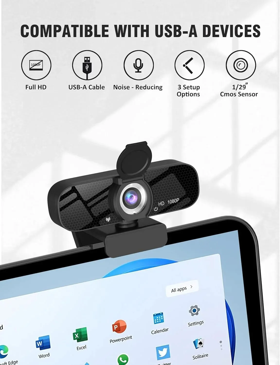 Full HD 1080P Webcam with Privacy Shutter, Tripod, Mic for PC/Laptop