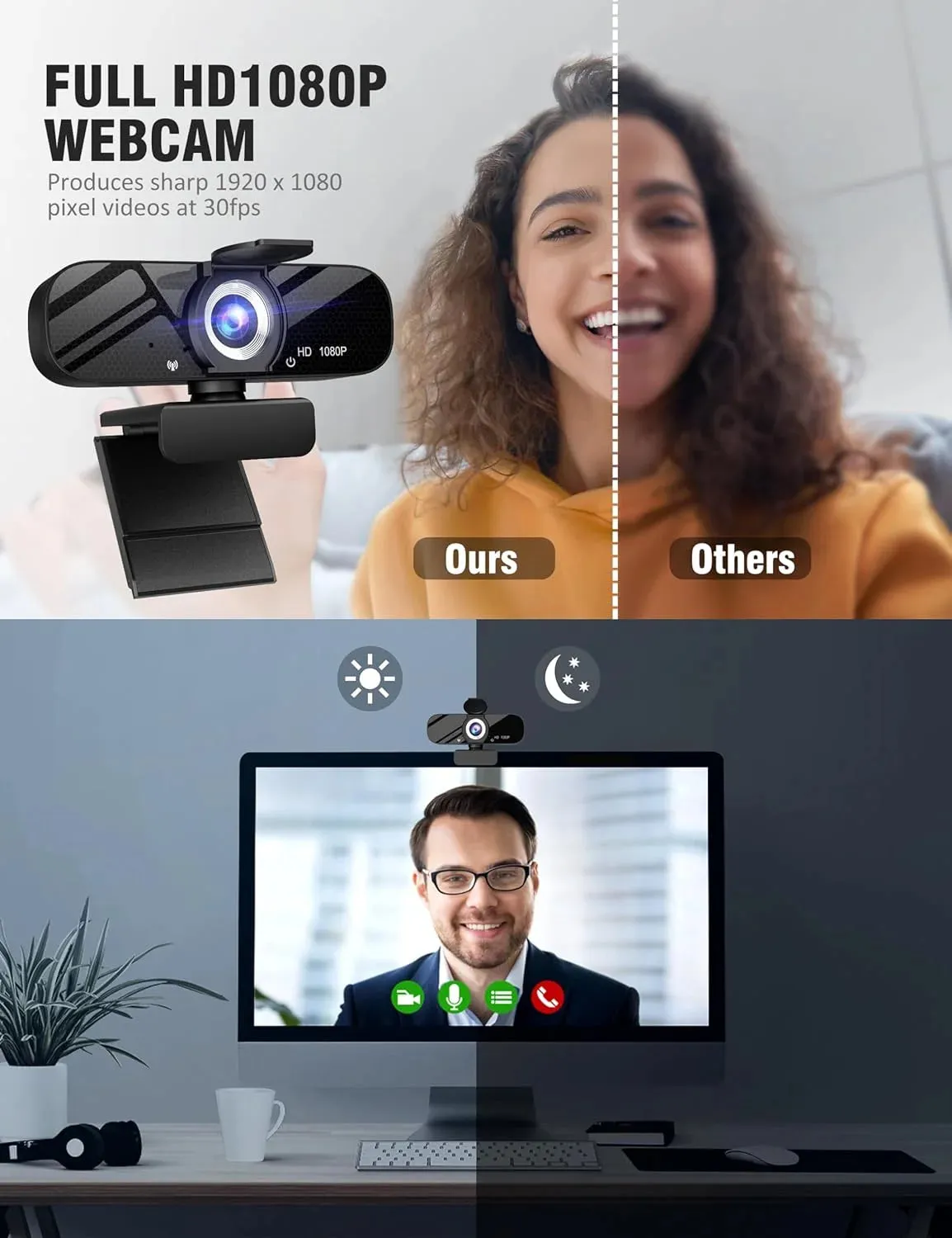 Full HD 1080P Webcam with Privacy Shutter, Tripod, Mic for PC/Laptop