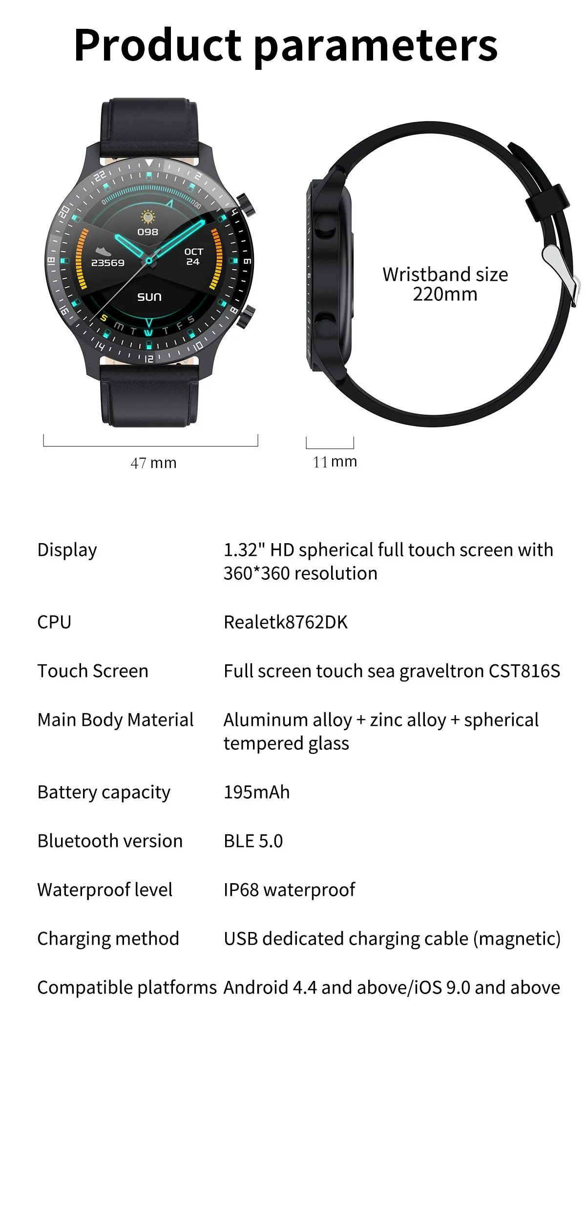 Full Touch Blood Pressure Heart Rate Monitor Fitness Waterproof Smart Watch