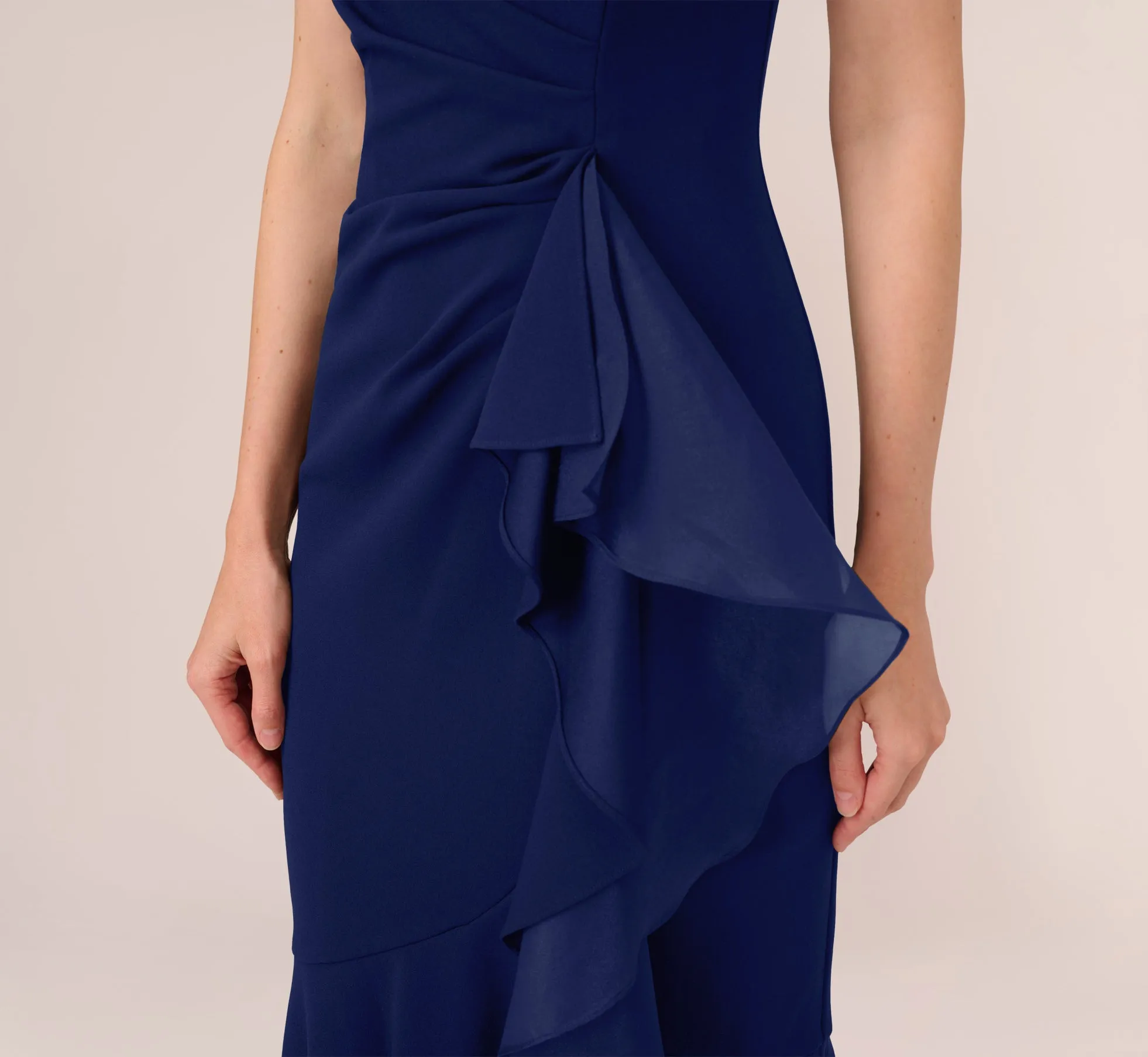 High Low Crepe Halter Gown With Organza Draping In Navy Sateen