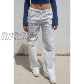 Hnewly y2k Pants Women Solid Color Drawstring Low Waist Straight Leg Trousers Streetwear 2000s Womens Joggers Sweatpants