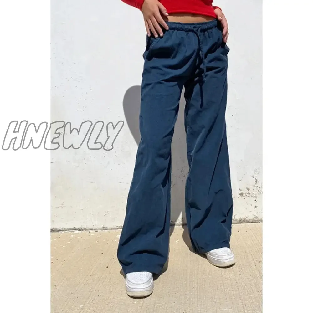 Hnewly y2k Pants Women Solid Color Drawstring Low Waist Straight Leg Trousers Streetwear 2000s Womens Joggers Sweatpants