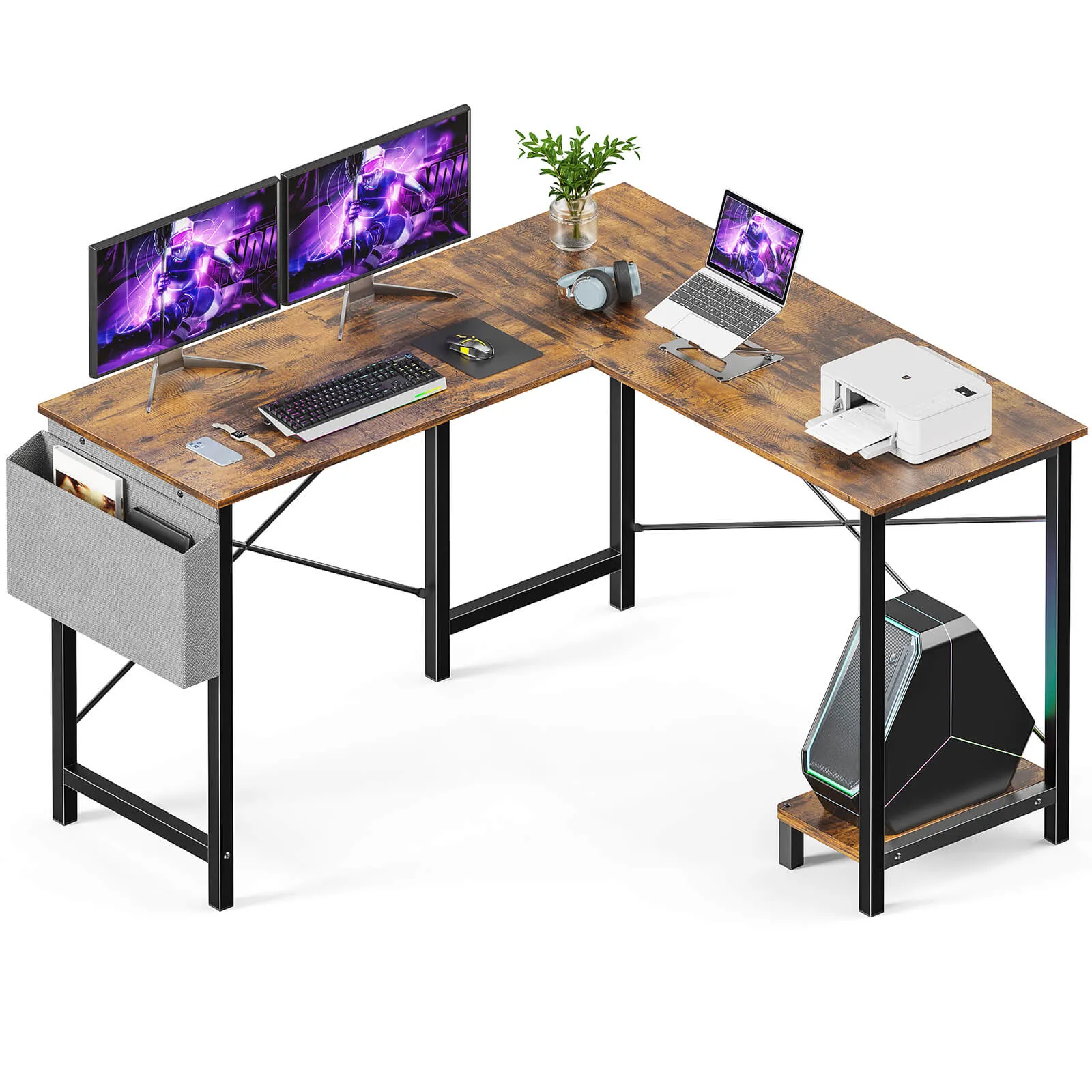 L-Shaped Computer Desk - 50" Corner Gaming Table with Console Shelf and Side Storage Pocket for Office, Bedroom, Living Room