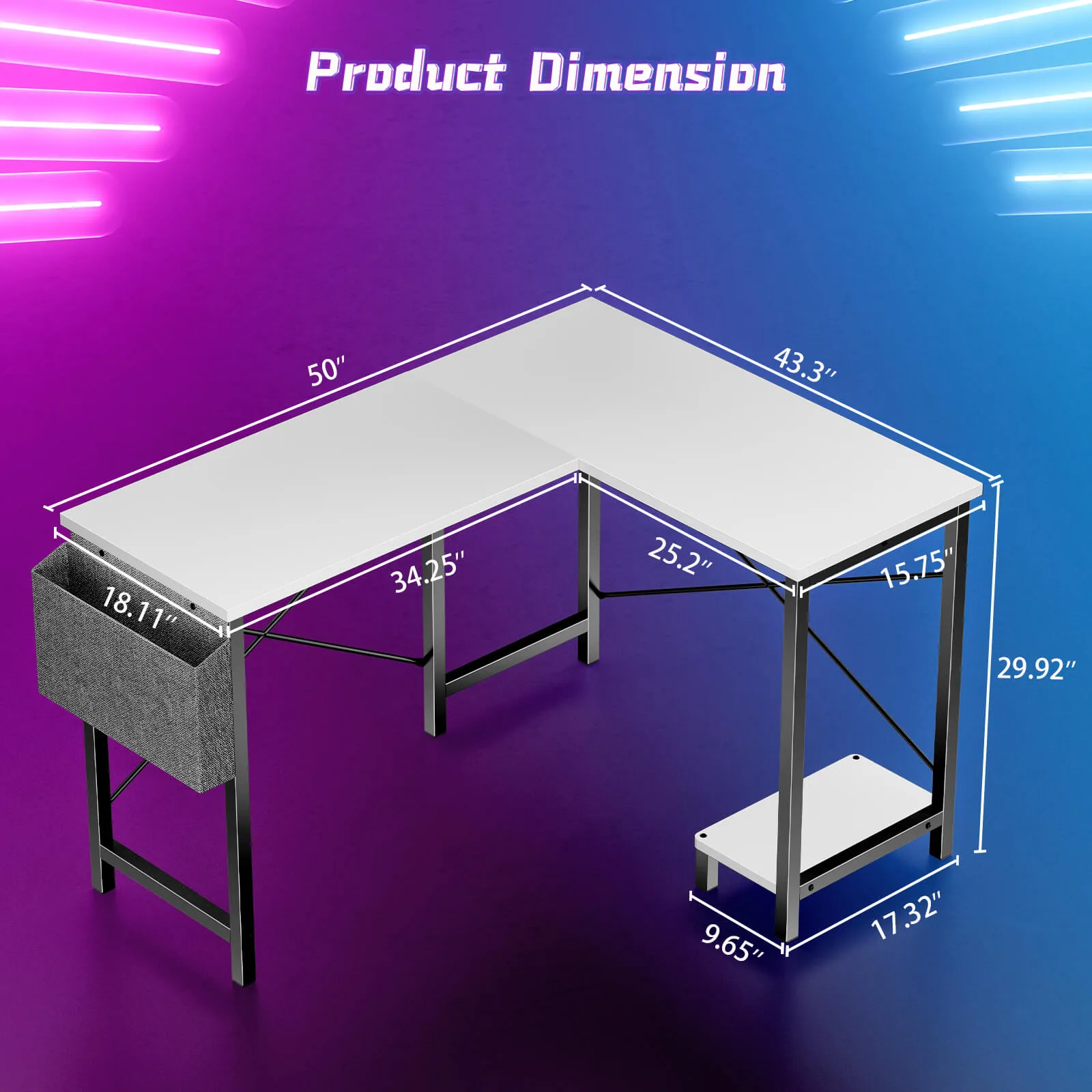 L-Shaped Computer Desk - 50" Corner Gaming Table with Console Shelf and Side Storage Pocket for Office, Bedroom, Living Room