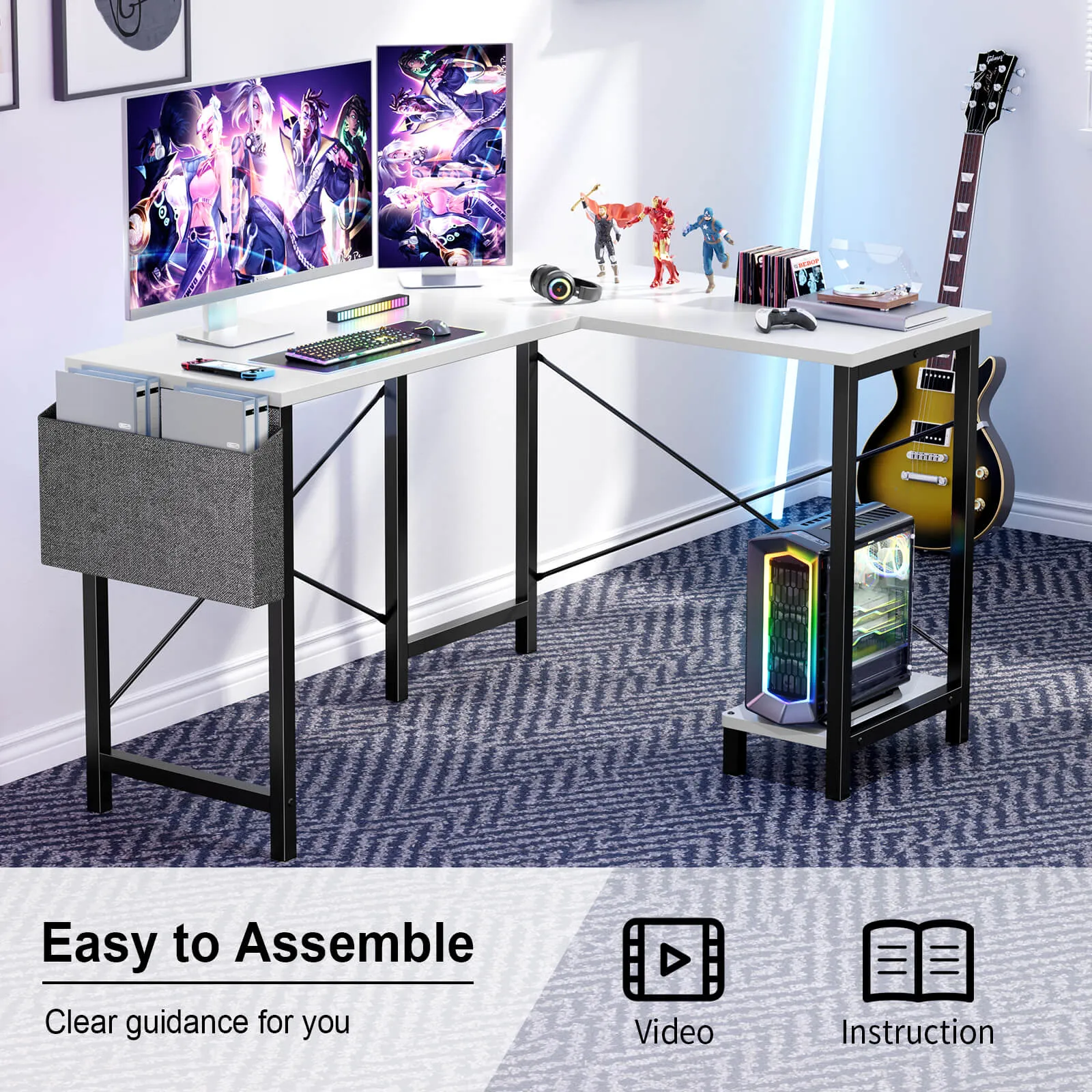 L-Shaped Computer Desk - 50" Corner Gaming Table with Console Shelf and Side Storage Pocket for Office, Bedroom, Living Room