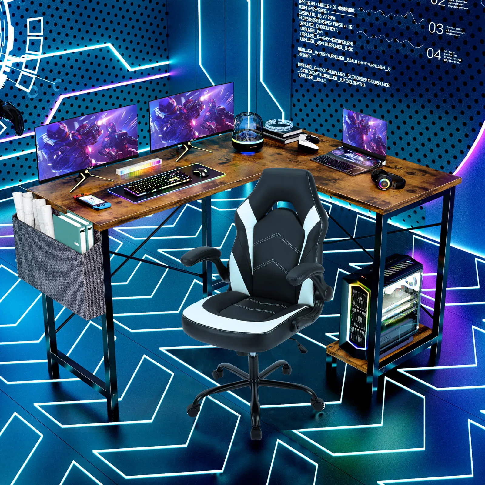 L-Shaped Computer Desk - 50" Corner Gaming Table with Console Shelf and Side Storage Pocket for Office, Bedroom, Living Room
