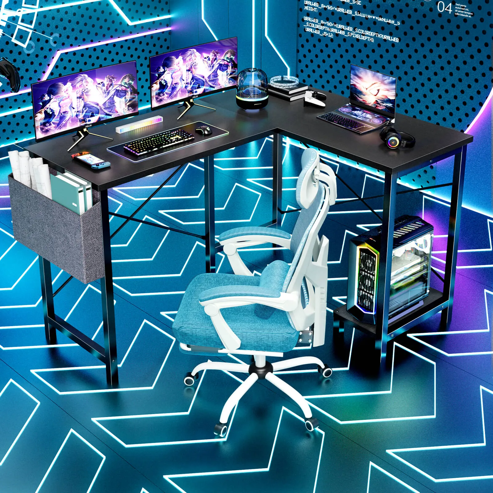 L-Shaped Computer Desk - 50" Corner Gaming Table with Console Shelf and Side Storage Pocket for Office, Bedroom, Living Room