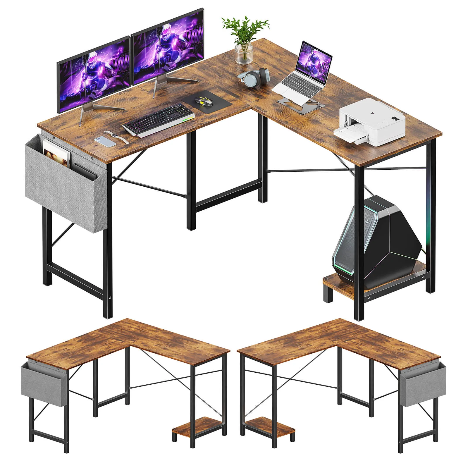 L-Shaped Computer Desk - 50" Corner Gaming Table with Console Shelf and Side Storage Pocket for Office, Bedroom, Living Room