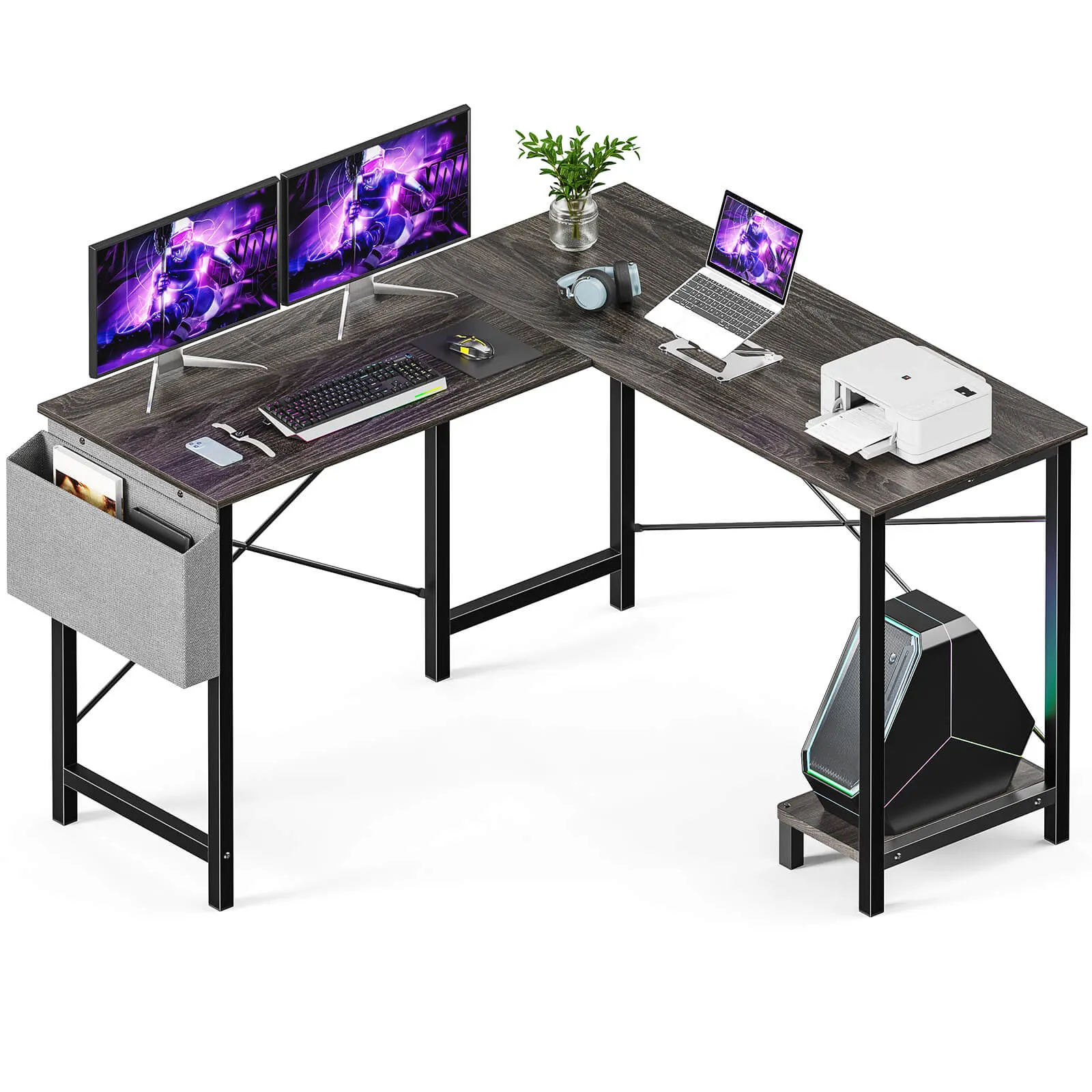 L-Shaped Computer Desk - 50" Corner Gaming Table with Console Shelf and Side Storage Pocket for Office, Bedroom, Living Room