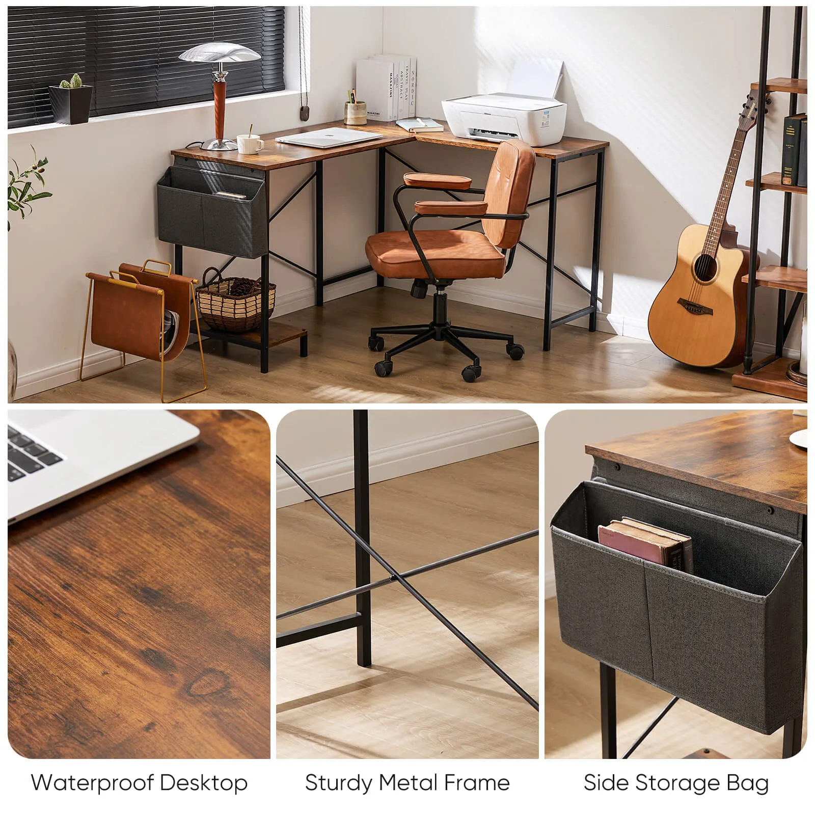 L-Shaped Computer Desk - 50" Corner Gaming Table with Console Shelf and Side Storage Pocket for Office, Bedroom, Living Room