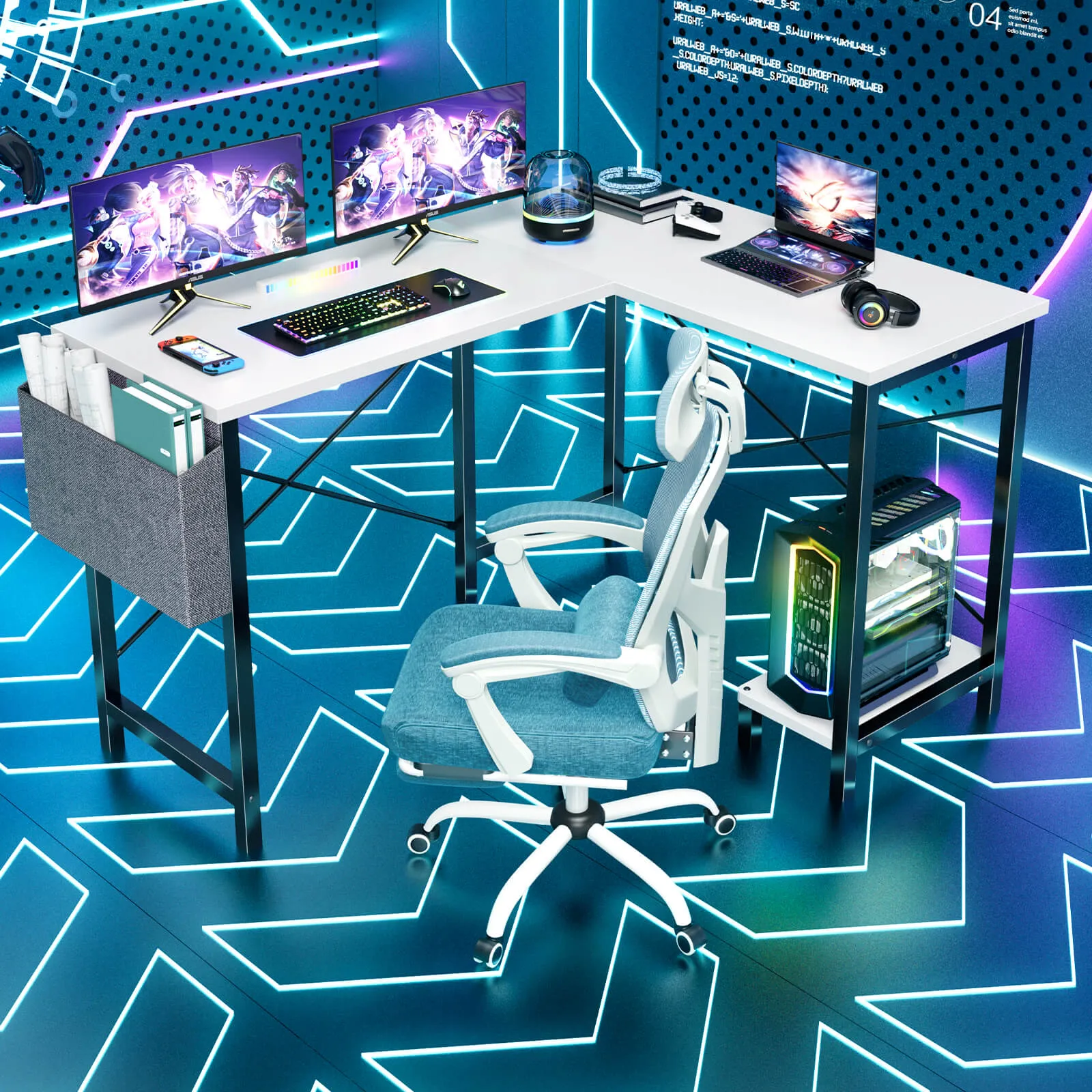 L-Shaped Computer Desk - 50" Corner Gaming Table with Console Shelf and Side Storage Pocket for Office, Bedroom, Living Room