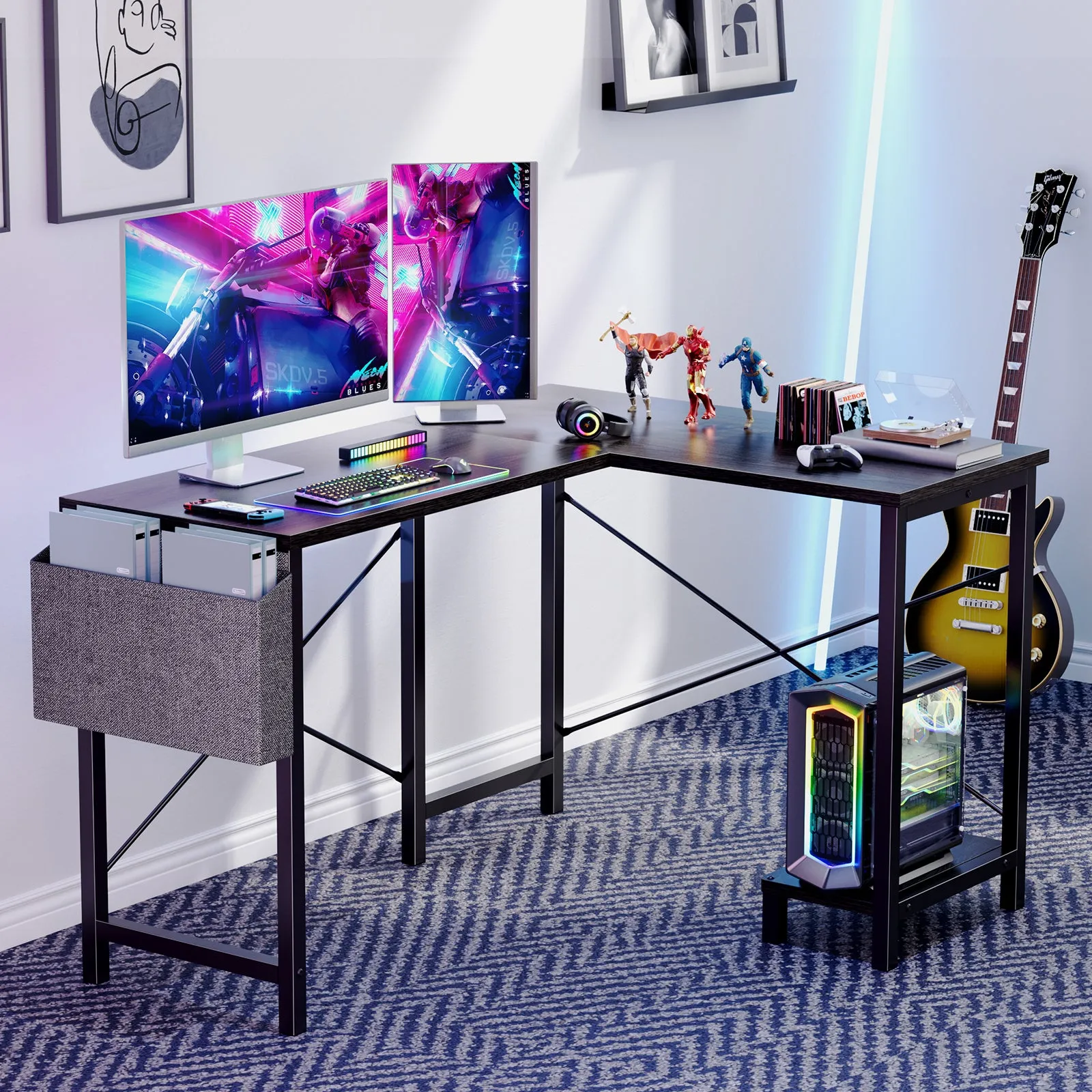 L-Shaped Computer Desk - 50" Corner Gaming Table with Console Shelf and Side Storage Pocket for Office, Bedroom, Living Room