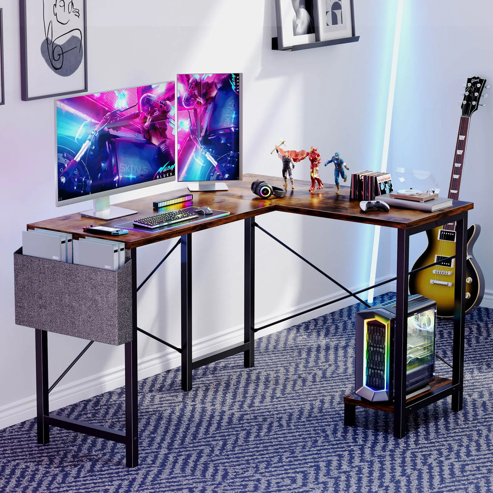 L-Shaped Computer Desk - 50" Corner Gaming Table with Console Shelf and Side Storage Pocket for Office, Bedroom, Living Room
