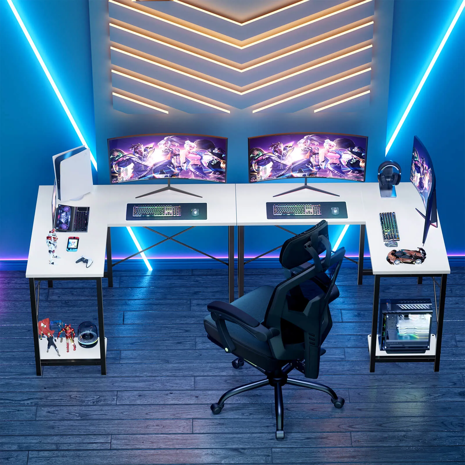 L-Shaped Computer Desk - 50" Corner Gaming Table with Console Shelf and Side Storage Pocket for Office, Bedroom, Living Room