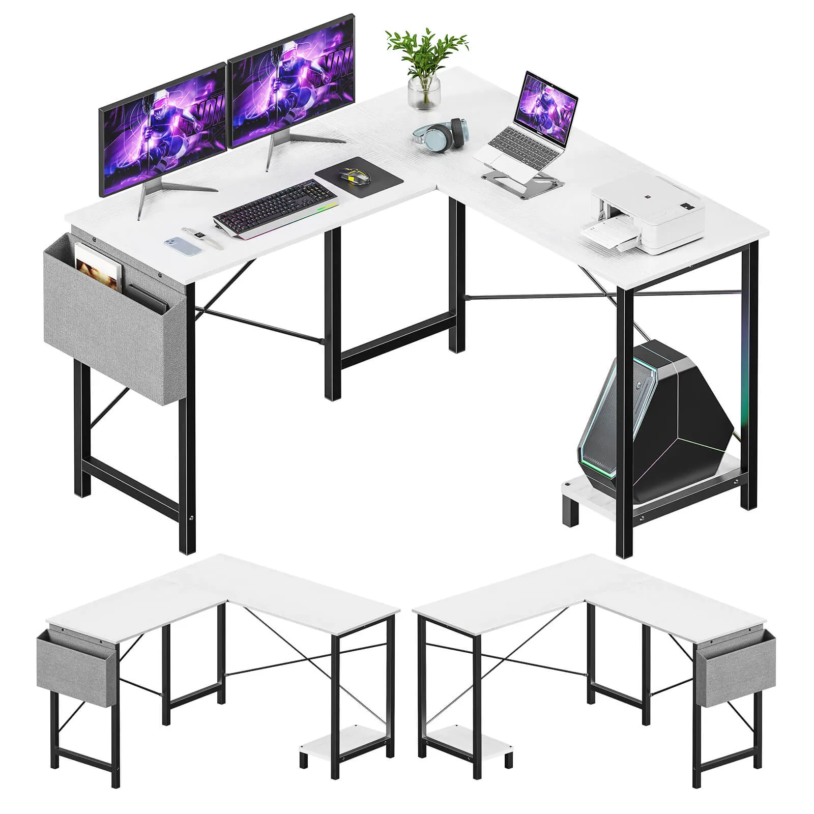 L-Shaped Computer Desk - 50" Corner Gaming Table with Console Shelf and Side Storage Pocket for Office, Bedroom, Living Room