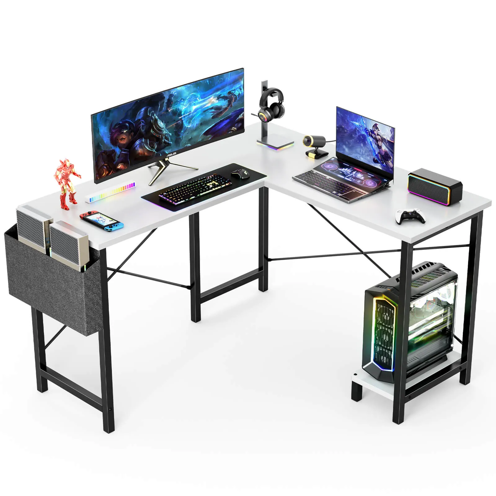 L-Shaped Computer Desk - 50" Corner Gaming Table with Console Shelf and Side Storage Pocket for Office, Bedroom, Living Room