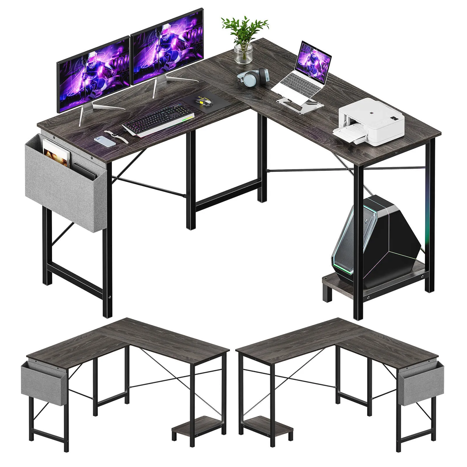 L-Shaped Computer Desk - 50" Corner Gaming Table with Console Shelf and Side Storage Pocket for Office, Bedroom, Living Room