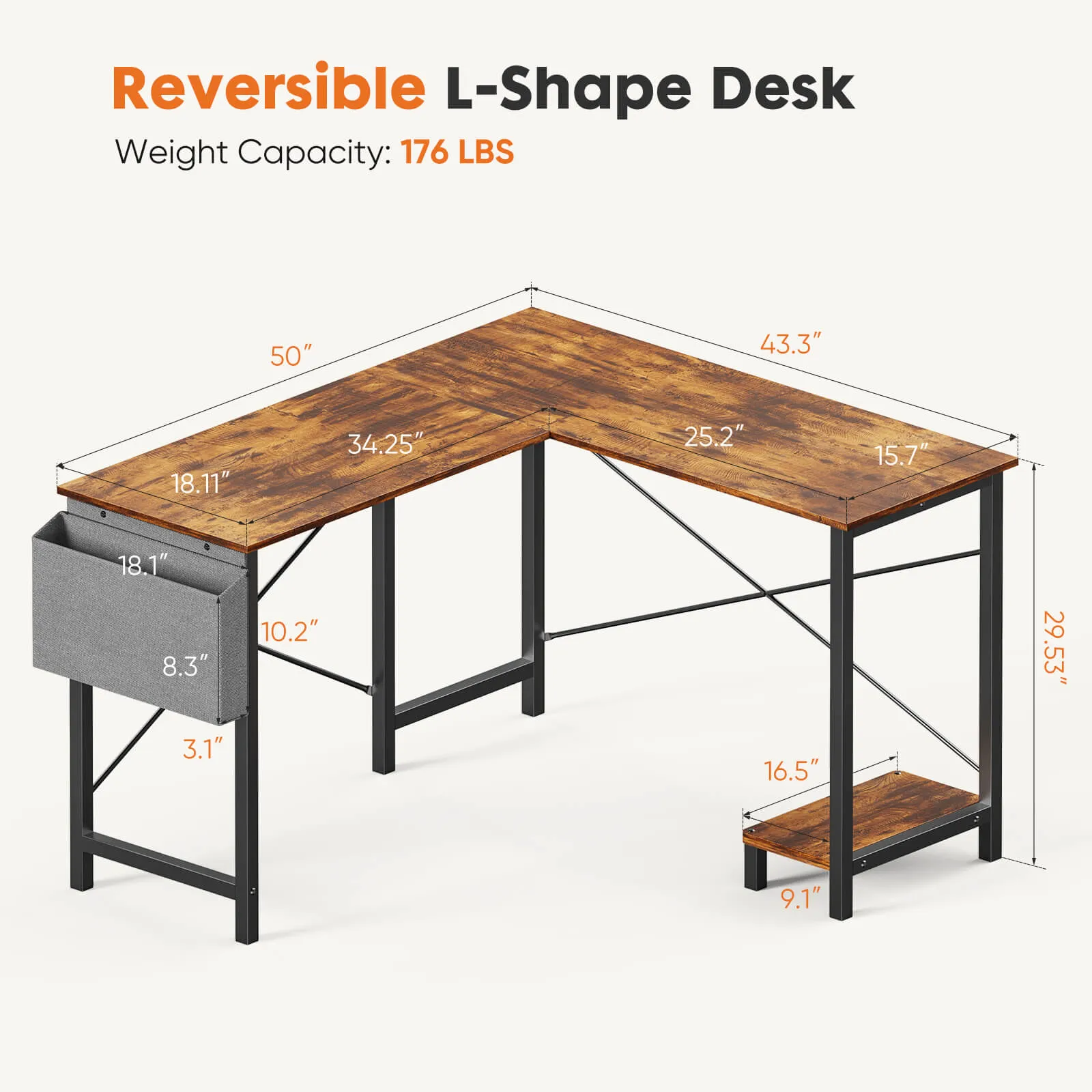 L-Shaped Computer Desk - 50" Corner Gaming Table with Console Shelf and Side Storage Pocket for Office, Bedroom, Living Room