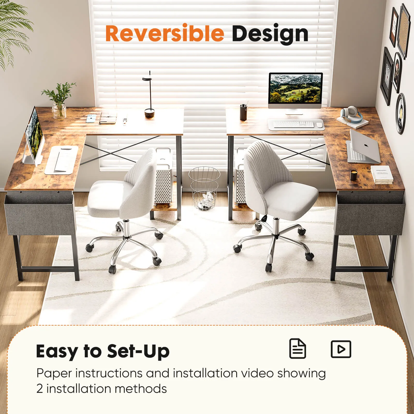L-Shaped Computer Desk - 50" Corner Gaming Table with Console Shelf and Side Storage Pocket for Office, Bedroom, Living Room