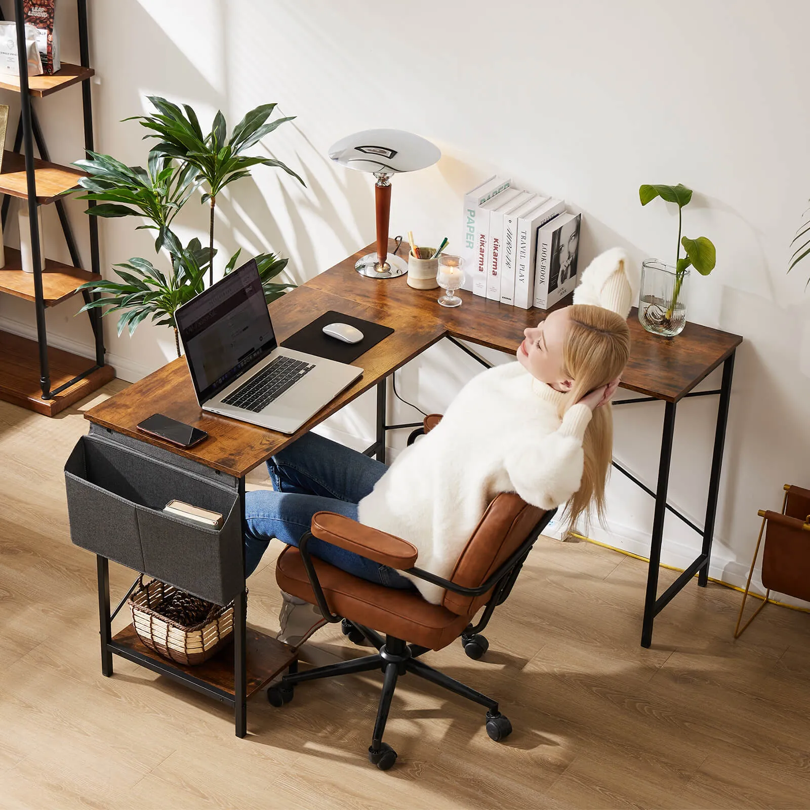 L-Shaped Computer Desk - 50" Corner Gaming Table with Console Shelf and Side Storage Pocket for Office, Bedroom, Living Room
