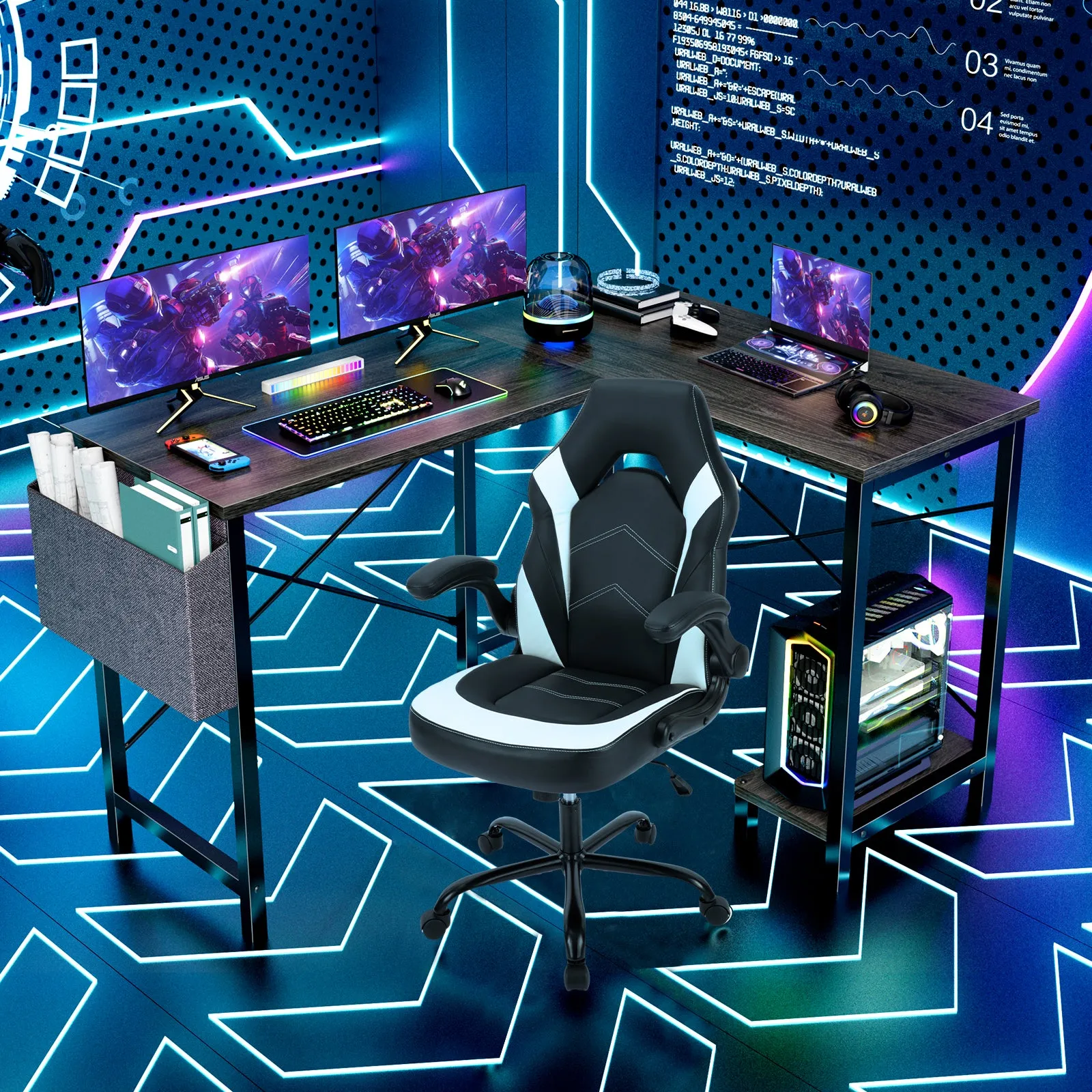 L-Shaped Computer Desk - 50" Corner Gaming Table with Console Shelf and Side Storage Pocket for Office, Bedroom, Living Room
