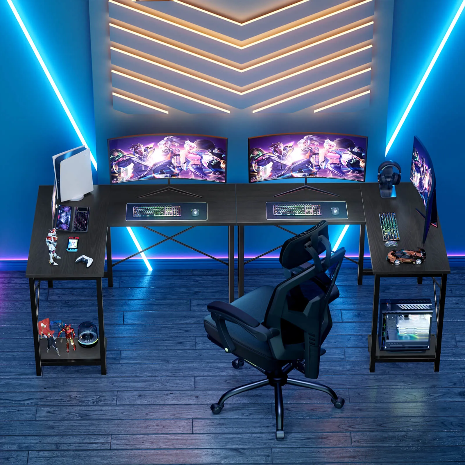 L-Shaped Computer Desk - 50" Corner Gaming Table with Console Shelf and Side Storage Pocket for Office, Bedroom, Living Room