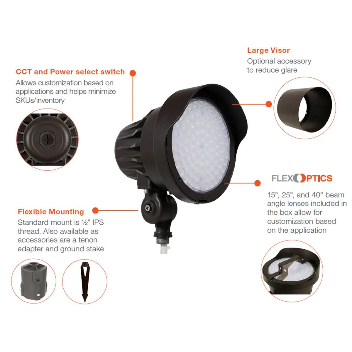 LED Bullet Spot Light, 4200Lm, 15|25|40 Deg. Lens, 30K|40K|50K, 120-347V