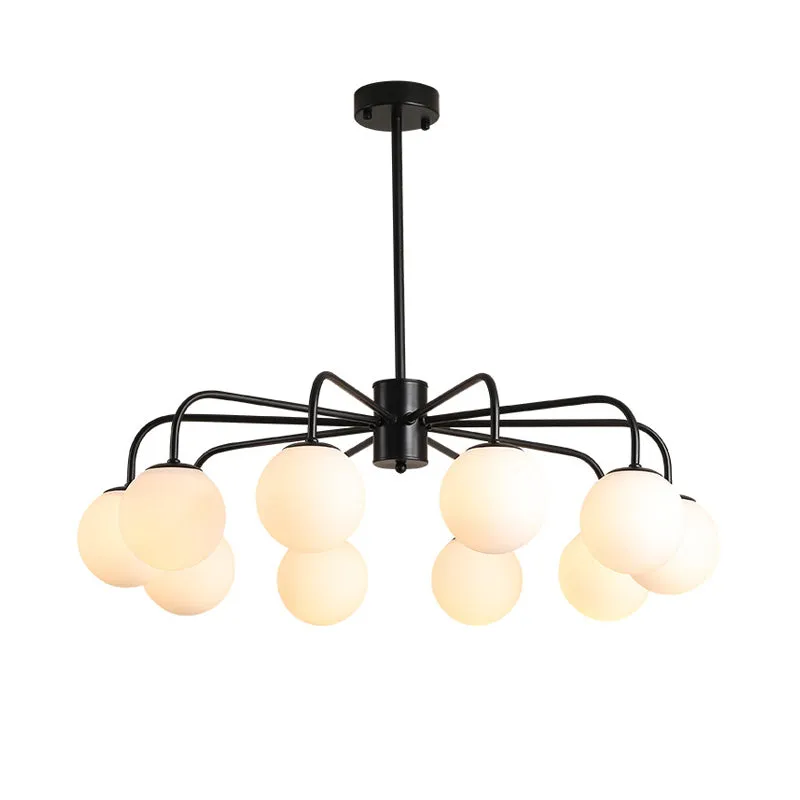 Modern White Glass Globe Chandelier with Radial Design - 6/8/10 Lights, Hanging Ceiling Light, Curved Arm